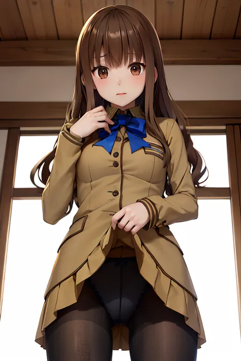 masutepiece, Best Quality, hight resolution, HMKH1, blue bowtie, blue bow, Brown skirt, Brown jacket, Black pantyhose, School uniform, Cowboy Shot, a miniskirt、((self lift))、((skirt rift))、View from below、((Show underwear))