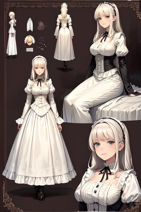 minor character design sheet of a female innkeeper in victorian setting, platinum blonde hair, modest clothing