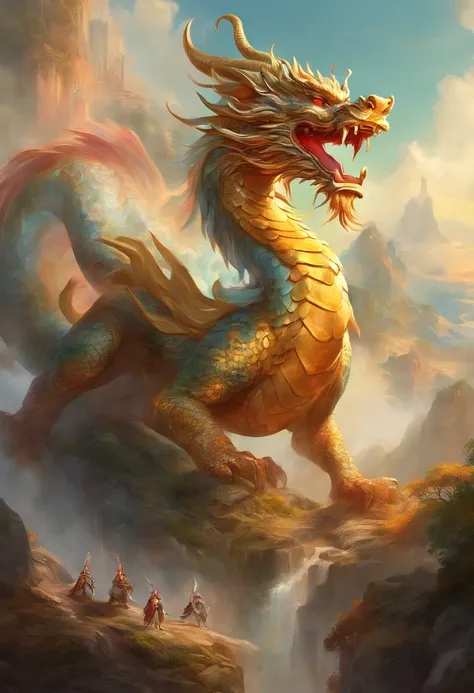 mythological creatures，（（Chinese mythological dragon）），Traditional Chinese elements，Ancient murals，Illustrative myths，Fuyao Legend，Dappled light，Hazy haze，mystical aura，tmasterpiece，k hd，Rich in color，Detailed details，Seven colors