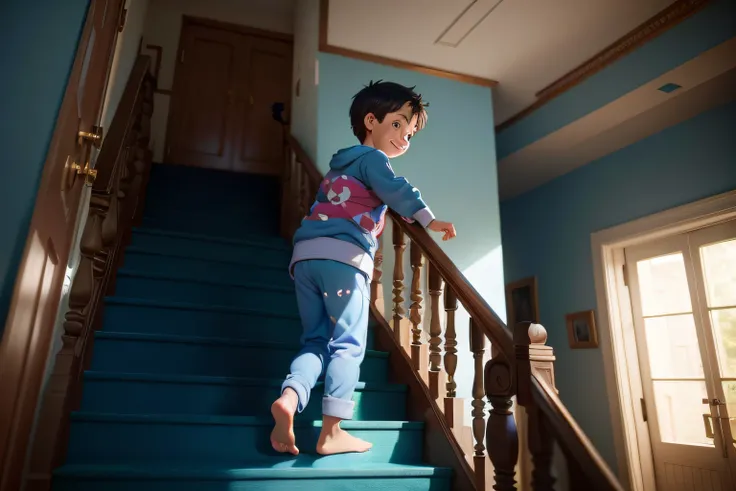 Estilo Pixar, um menino de 8 anos de idade, pijama azul, he walks past the living room and up the stairs smiling towards his room upstairs in the Cinematic House, 4k