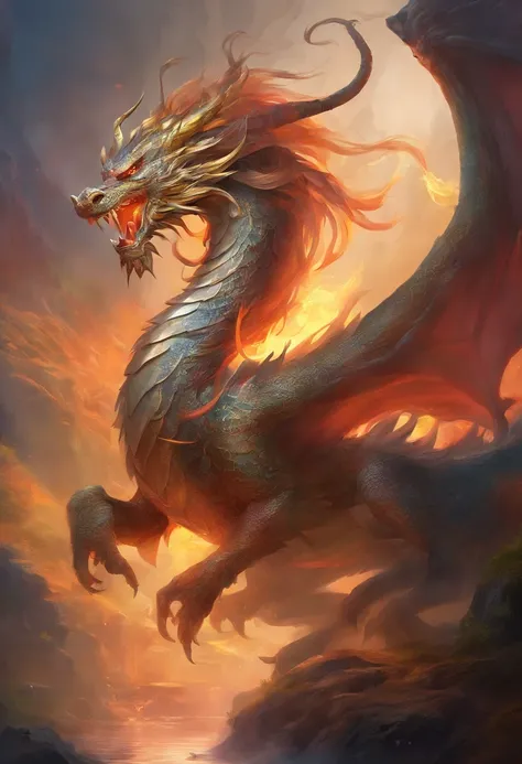 mythological creatures，（（Chinese mythological dragon）），Traditional Chinese elements，Ancient murals，Illustrative myths，Fuyao Legend，Dappled light，Hazy haze，mystical aura，tmasterpiece，k hd，Rich in color，Detailed details，Seven colors