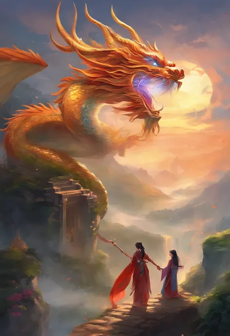 mythological creatures，（（Chinese mythological dragon）），Traditional Chinese elements，Ancient murals，Illustrative myths，Fuyao Legend，Dappled light，Hazy haze，mystical aura，tmasterpiece，k hd，Rich in color，Detailed details，Seven colors