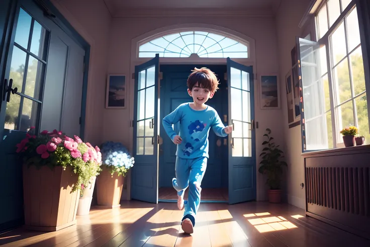 pixar style, a boy wearing blue pijamas running to the front door between two huge windows with flower boxes full of color flowers, cinematic, 4k