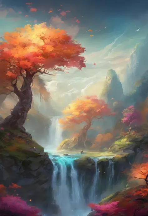 mythological creatures，（（A fox with nine tails）），Traditional Chinese elements，Ancient murals，Illustrative myths，Fuyao Legend，Dappled light，Hazy haze，mystical aura，tmasterpiece，k hd，Rich in color，Detailed details，Seven colors，Landscape waterfall