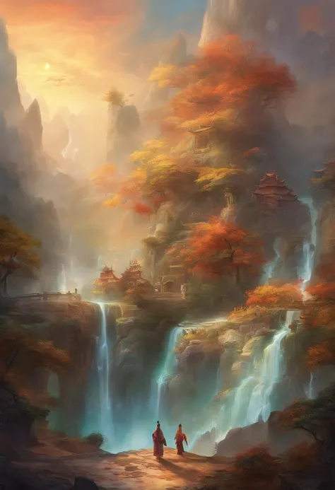 mythological creatures，（（Dragons in Chinese mythology）），Traditional Chinese elements，Ancient murals，Illustrative myths，Fuyao Legend，Dappled light，Hazy haze，mystical aura，tmasterpiece，k hd，Rich in color，Detailed details，Seven colors，Landscape waterfall