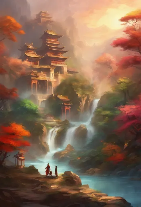 mythological creatures，（（Dragons in Chinese mythology）），Traditional Chinese elements，Ancient murals，Illustrative myths，Fuyao Legend，Dappled light，Hazy haze，mystical aura，tmasterpiece，k hd，Rich in color，Detailed details，Seven colors，Landscape waterfall