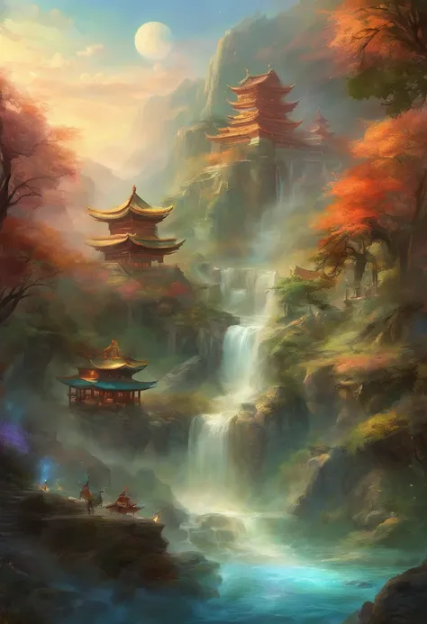 mythological creatures，（（Dragons in Chinese mythology）），Traditional Chinese elements，Ancient murals，Illustrative myths，Fuyao Legend，Dappled light，Hazy haze，mystical aura，tmasterpiece，k hd，Rich in color，Detailed details，Seven colors，Landscape waterfall