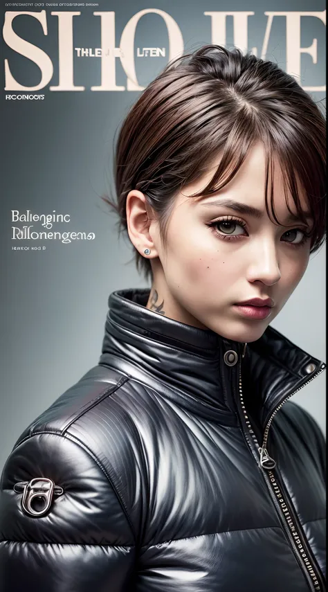 MagazineCover,Realistic,Photo,35mm,Cinematic(1woman with super puffer balenciaga jacket with short hair,neck tattoos)colorful background graphite,ultrasharp