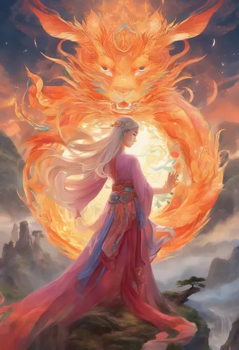 mythological creatures，（（The nine-tailed fox in Chinese mythology）），Traditional Chinese elements，Ancient murals，Illustrative myths，Fuyao Legend，Dappled light，Hazy haze，mystical aura，tmasterpiece，k hd，Rich in color，Detailed details，Seven colors