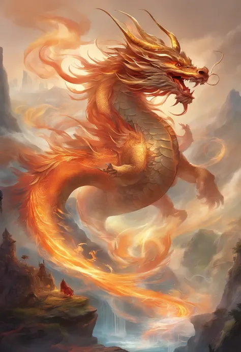 mythological creatures，（（Chinese mythological dragon）），Traditional Chinese elements，Ancient murals，Illustrative myths，Fuyao Legend，Dappled light，Hazy haze，mystical aura，tmasterpiece，k hd，Rich in color，Detailed details，Seven colors