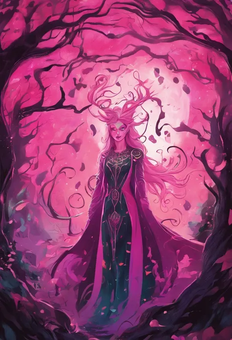 (a pink-haired demon woman,spells:1.1,glowing:1.1)(illustration)(best quality,ultra-detailed,realistic:1.37),demonic witch(demonic:1.1)(magic:1.1)(forest)(dark and mysterious,ominous atmosphere),casting powerful spells,creating magical energy(magic:1.1),vi...