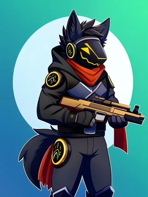 Protogen,pfp, looking at viewer,a little to the side,black fur, matching color visor, battleworn scarf,solo,pefect pose, handrawn,black hoodie,matching clothes,holding weapon,gun