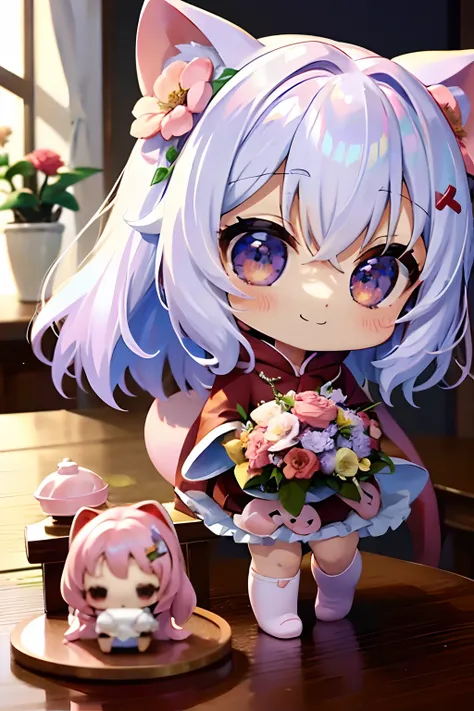 (Chibi:1.3)、happiness、(Holding a bouquet of flowers)、full bodyesbian、(Kigurumi)、inside the house、on table、(nendoroid)、a smile