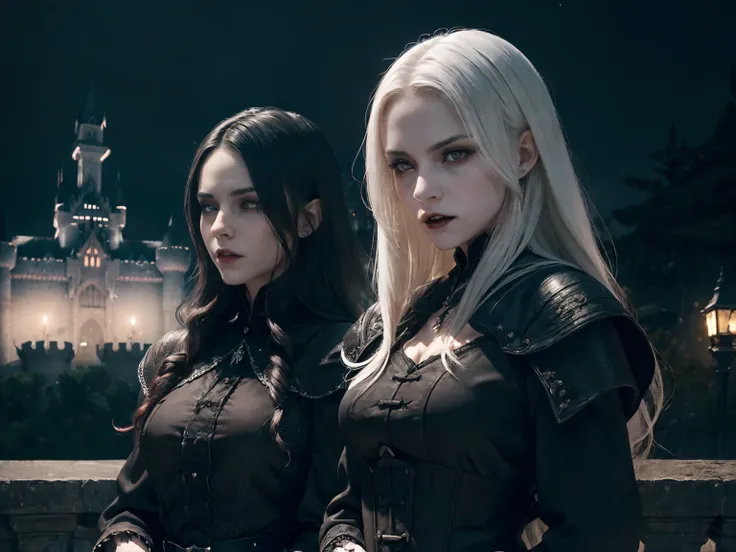 (Two Person:1.8), Photorealistic Production, (Realistic Image of a Caucasian Female Vampire Twin Siblings:1.4), Pale skin, (one of them has short black hair, and the other has long white hair:1.2), (dark castle at night:1.6), (Black Casual Outfit:1.4), Vie...