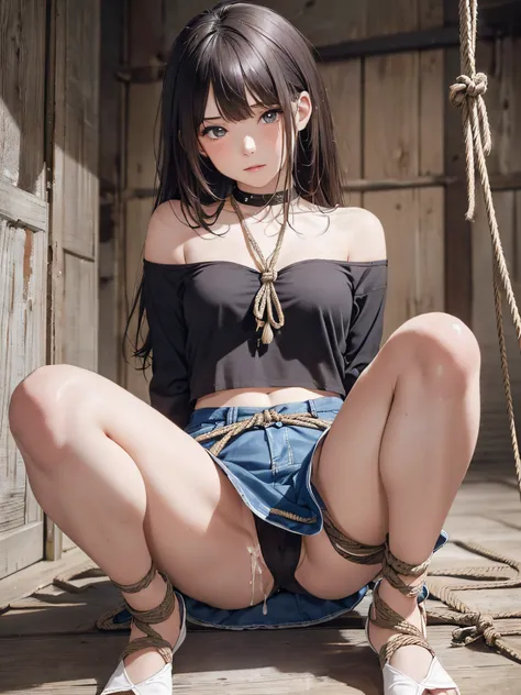 (8K, Photorealsitic, RAW photography, top-quality: 1.3), 
(((1 girl captured by criminal))), ((wrists tied with ropes behind the back:1.3)), 
rich detail, perfect image quality, 
Dark brawn messy hair, long hair, Dark blue eyes, 
casual clothes, off should...