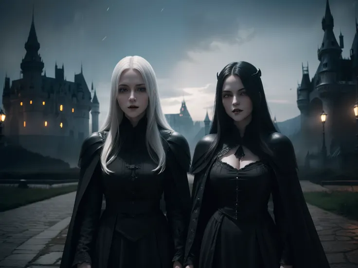 (Two Person:1.8), Photorealistic Production, (Realistic Image of a Caucasian Female Vampire Twin Siblings:1.4), Pale skin, (one of them has short black hair, and the other has long white hair:1.2), (dark castle at night:1.6), (Black Casual Outfit:1.4), Vie...