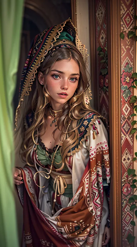 Woman 20 years old, Nudie, German, Ethno, Ancient Germania, There is a cozy boho style interior around, (full length), real-photo, hyper realisitc