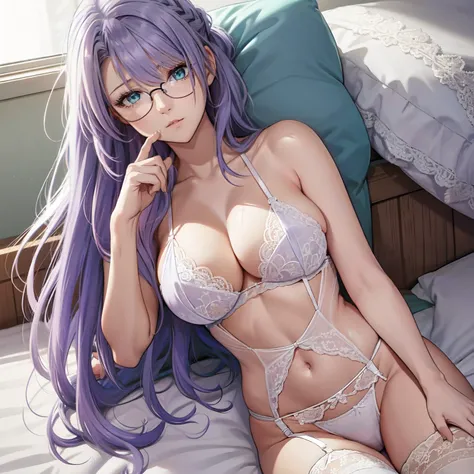 1 girl, lavender hair, long hair, lavender mature half updo, bangs hanging on the left side shoulder length hair strands hanging on either side tucked behind ears, light blue green eyes, Womens rimless glasses, large breast, white bra, white lace panties, ...