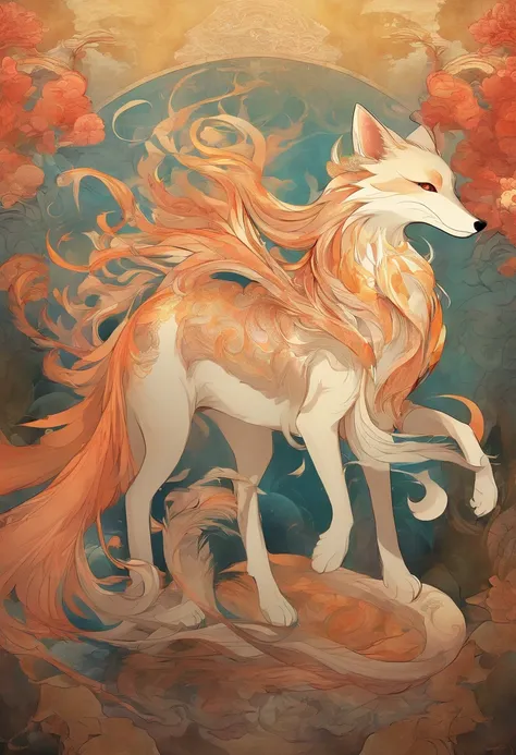 mythological creatures，（（The nine-tailed fox in Chinese mythology）），Traditional Chinese elements，Ancient murals，Illustrative myths，Fuyao Legend，Dappled light，Hazy haze，mystical aura，tmasterpiece，k hd，Rich in color，Detailed details，Seven colors