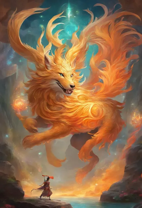 mythological creatures，（（The nine-tailed fox in Chinese mythology）），Traditional Chinese elements，Ancient murals，Illustrative myths，Fuyao Legend，Dappled light，Hazy haze，mystical aura，tmasterpiece，k hd，Rich in color，Detailed details，Seven colors