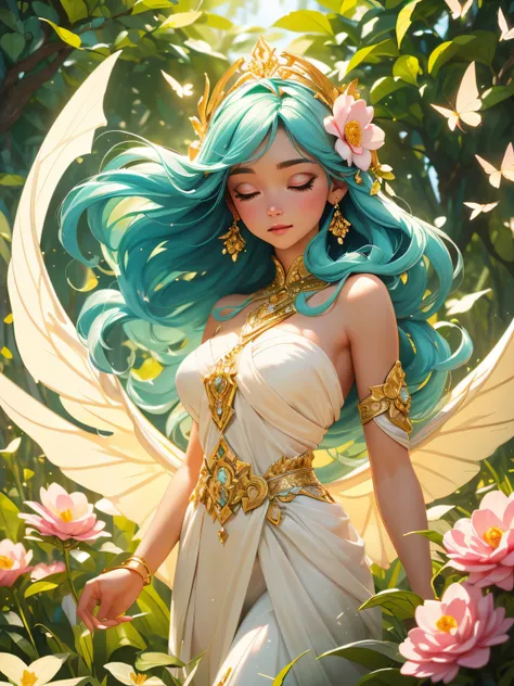 (magical, ethereal) Psyche, Greek goddess of soul, wearing a (simple, flowing) Greek white gown, (innocent, pure). Her attire symbolizes her (elegance, grace) and sacredness. (Graceful, delicate) butterfly wings decorate her back, enchanting all who behold...