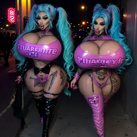 Bimbos, dumb slutty bimbodolls, huge fake lips, huge fake breasts, fake booty, very fake tan, tattoos, fake eyelashes, Louis Vuitton bag, hair extensions, very long hair, rainbow colored hair, dark fake tan, fake long eyelashes, long fake fingernails, giga...