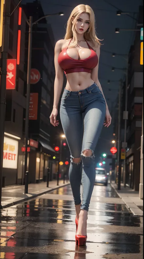 1GIRL, SOLO, (ssmile, makeup, beautifull eyes, red libs), (HUGE FAKE BOOBS:1.3), (WET T-SHIRT CROP TOP, CLEAVAGE, SKINTIGHT JEANS PANTS, HIGH HEELS:1.5), (SLENDER BODY, SEXY LONG LEGS, FULL BODY:1.5), (LOOKING AT VIEWER:1), (WALKING DOWN ON STREET CYBERPUN...