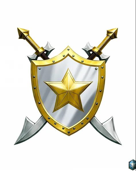 a close up of a shield with two swords and a star on it, shield emblem, fantasy shield, sword and shield, shield design, sharp metal crest, sheild, holding shield and sword, 3 d icon for mobile game, metallic shield, shield, game icon stylized, military in...