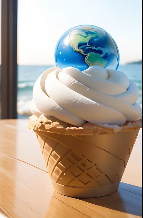 Masterpiece, ice cream cone,[ blue ice cream ball: sphere, blue planet :8], product shot,