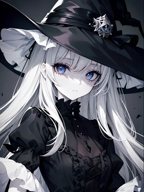 (masterpiece,best quality,ultra-detailed),1girl,black dress,(pale skin), gothic lolita outfit,ruffled dress, witch hat,beautiful and detailed face, detailed eyes,looking at viewer,small chest,((grey theme)),expressionless