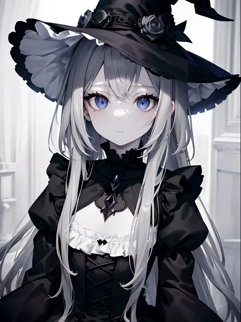 (masterpiece,best quality,ultra-detailed),1girl,black dress,(pale skin), gothic lolita outfit,ruffled dress, witch hat,beautiful and detailed face, detailed eyes,looking at viewer,small chest,((grey theme)),expressionless