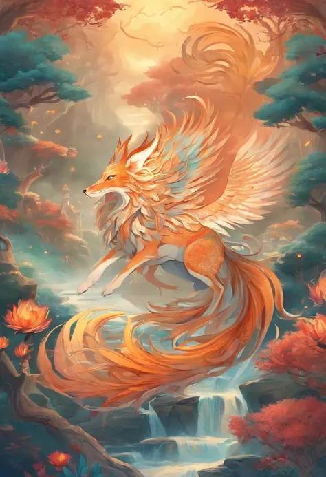 mythological creatures，（（The nine-tailed fox in Chinese mythology）），Traditional Chinese elements，Ancient murals，Illustrative myths，Fuyao Legend，Dappled light，Hazy haze，mystical aura，tmasterpiece，k hd，Rich in color，Detailed details，Seven colors