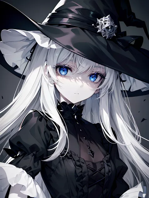 (masterpiece,best quality,ultra-detailed),1girl,black dress,(pale skin), gothic lolita outfit,ruffled dress, witch hat,beautiful and detailed face, detailed eyes,looking at viewer,small chest,((grey theme)),expressionless