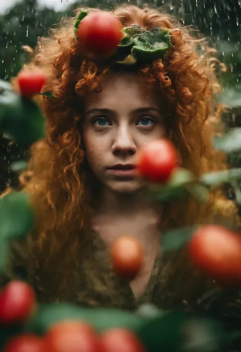 Umamulher em um vestido  fino, cabelos molhados, Chuva de frutas, Foto do produto de morango,uva,Kiwi falling into the water,As roupas estavam encharcadas de chuva, A pele fica exposta, messy hair, nariz blush, High detail, Close-up,oto RAW cinematic，foto ...