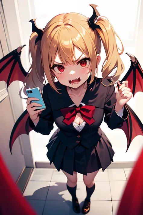 (simplistic),full body view,intricate details,(best quality),(masterpiece:1.2),(detailed:1.2),(sharp focus), blonde short hair in twintails, anime girl, vampire, vampire girl, big boobs, school clothes, high school uniform, cute face, pale skin, red eyes, ...