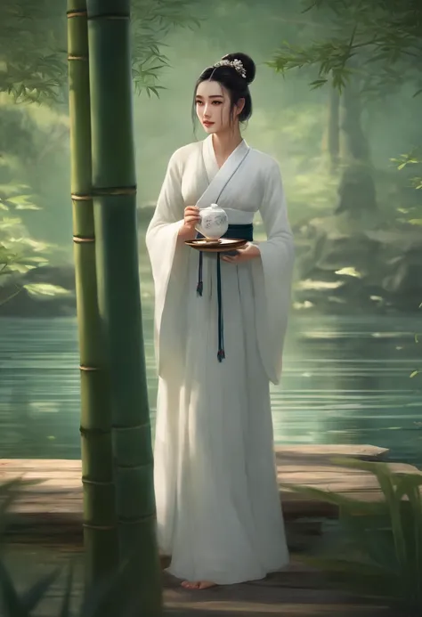 Masterpiece, Best Quality, Official Art, 8k Wallpaper, Very Detailed, Illustration, 1 Girl, black Hair, Long Hair in bun, Detailed Eyes, white face, Forrest Gump, Bare Shoulders, Hanfu, Lake, Pure, Soft Smile, bamboo, tea