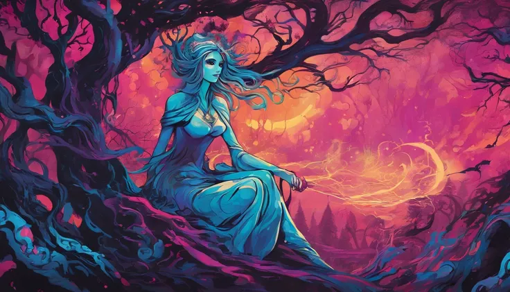 (a blue-haired demon woman,spells:1.1,glowing:1.1)(illustration)(best quality,ultra-detailed,realistic:1.37),demonic witch(demonic:1.1)(magic:1.1)(forest)(dark and mysterious,ominous atmosphere),casting powerful spells,creating magical energy(magic:1.1),vi...