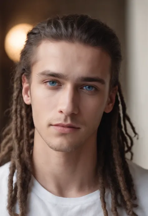 dark complexion, man around 18 years old, natural dreadlocks hair, distinctive blue eyes, wearing white t-shirt, tall, built and muscular, ravishing and handsome, burning wood in a royal setting, ultra sharp focus, realistic shot, royal male clothes, tetra...