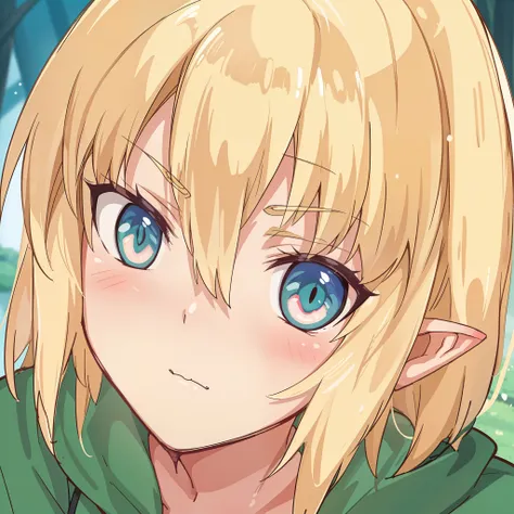 hiquality, tmasterpiece (One elven girl) Sullen face. Short Hair Hair. blonde woman. Cyan eyes. green raincoat. long ears. in front of a forest background