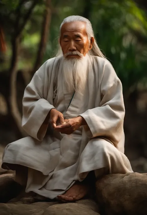 Old Asian Taoist Old Man, sentado em close-up de pedra,long, whitish hair，barba longa，Cross-legged meditation，Taoism, vestindo vestes cinzas，magical aura，taoist master,taoist，paisagem exuberante, muito verde, luz alaranjada do por do sol