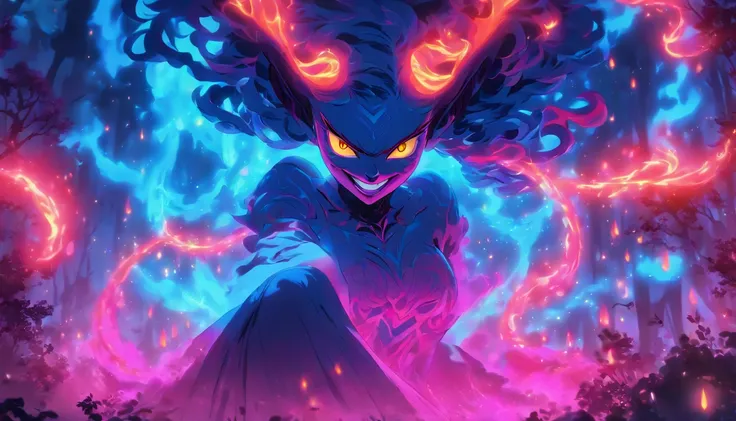 (a blue-haired demon woman,spells:1.1,glowing:1.1)(illustration)(best quality,ultra-detailed,realistic:1.37),demonic witch(demonic:1.1)(magic:1.1)(forest)(dark and mysterious,ominous atmosphere),casting powerful spells,creating magical energy(magic:1.1),vi...