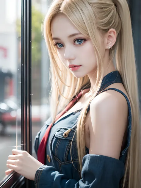 portlate、School Uniforms、bright expression、poneyTail、Young shiny shiny white shiny skin、Best Looks、Blonde reflected light、Platinum blonde hair with dazzling highlights、shiny light hair,、Super long silky straight hair、Beautiful bangs that shine、Glowing crys...