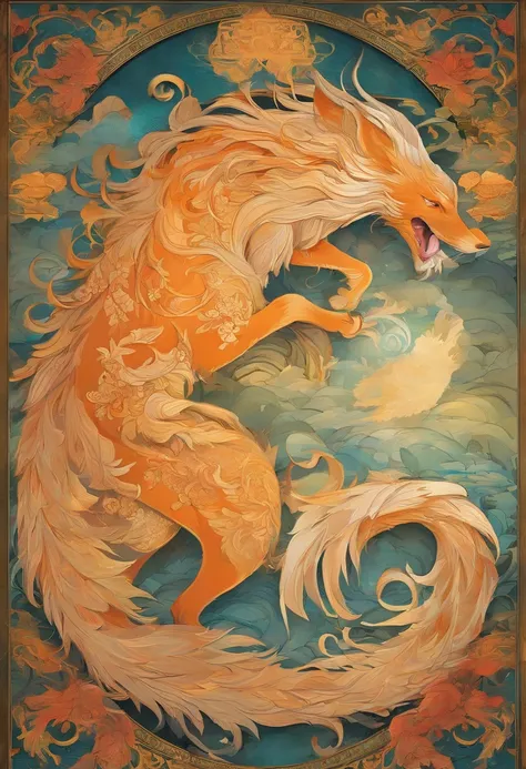 mythological creatures，（（The nine-tailed fox in Chinese mythology）），Traditional Chinese elements，（（Ancient murals）），Illustrative myths，Fuyao Legend，Dappled light，Hazy haze，mystical aura，tmasterpiece，k hd，Rich in color，Detailed details，Seven colors