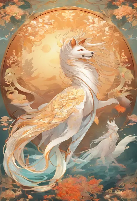 mythological creatures，（（The nine-tailed fox in Chinese mythology）），Traditional Chinese elements，（（Ancient murals）），Illustrative myths，Fuyao Legend，Dappled light，Hazy haze，mystical aura，tmasterpiece，k hd，Rich in color，Detailed details，Seven colors