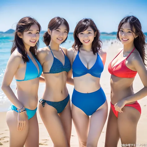 Three Asian women in bikinis standing on sunny beach, Hot with shining sun, oppai, Realistic Young Gravure Idol, 4 k ], 4K], Young Gravure Idol, wearing a swimming wear, Young Pretty Gravure Idol, sakimichan hdri, Help me, Young Sensual Gravure Idol, sophi...