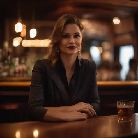 a girl sitting at a bar counter, blurred background, dimly lit, vibrant colors, bokeh, nightlife, drinks, cocktail glasses, elegant bartender, sophisticated atmosphere, reflection of lights on the counter, smoke from cigarettes, cozy and intimate setting