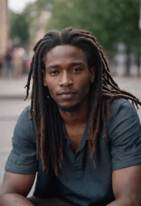 Black dreads poet sitting on an urban sidewalk wearing casual clothes