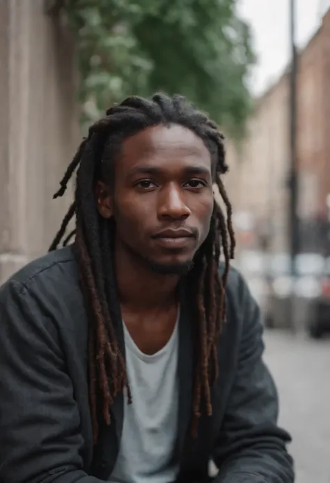 Black dreads poet sitting on an urban sidewalk wearing casual clothes