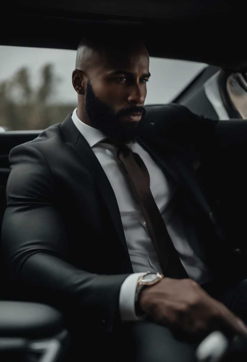 Man with brown skin,physiquement bien construit, assis dans un suv,,Very short beard,bald,Black Business Attire