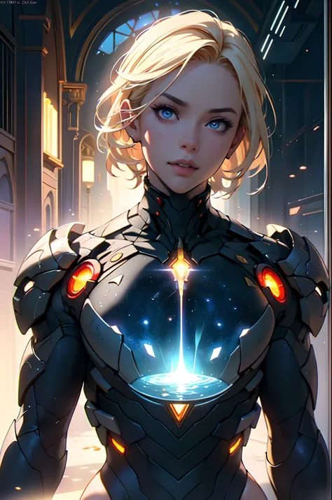 Highly detailed RAW color photo, beautiful young woman, short blonde hair, dynamic pose, (wide hips), (detailed skin), (detailed lips), (detailed eyes), (cosmic: 1.4), (necropolis: 1.1), (science fiction setting) (detailed face), (curvy), red clothing, det...